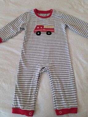 THREE SISTERS Boys Firetruck Appliqued Long Romper 12 M